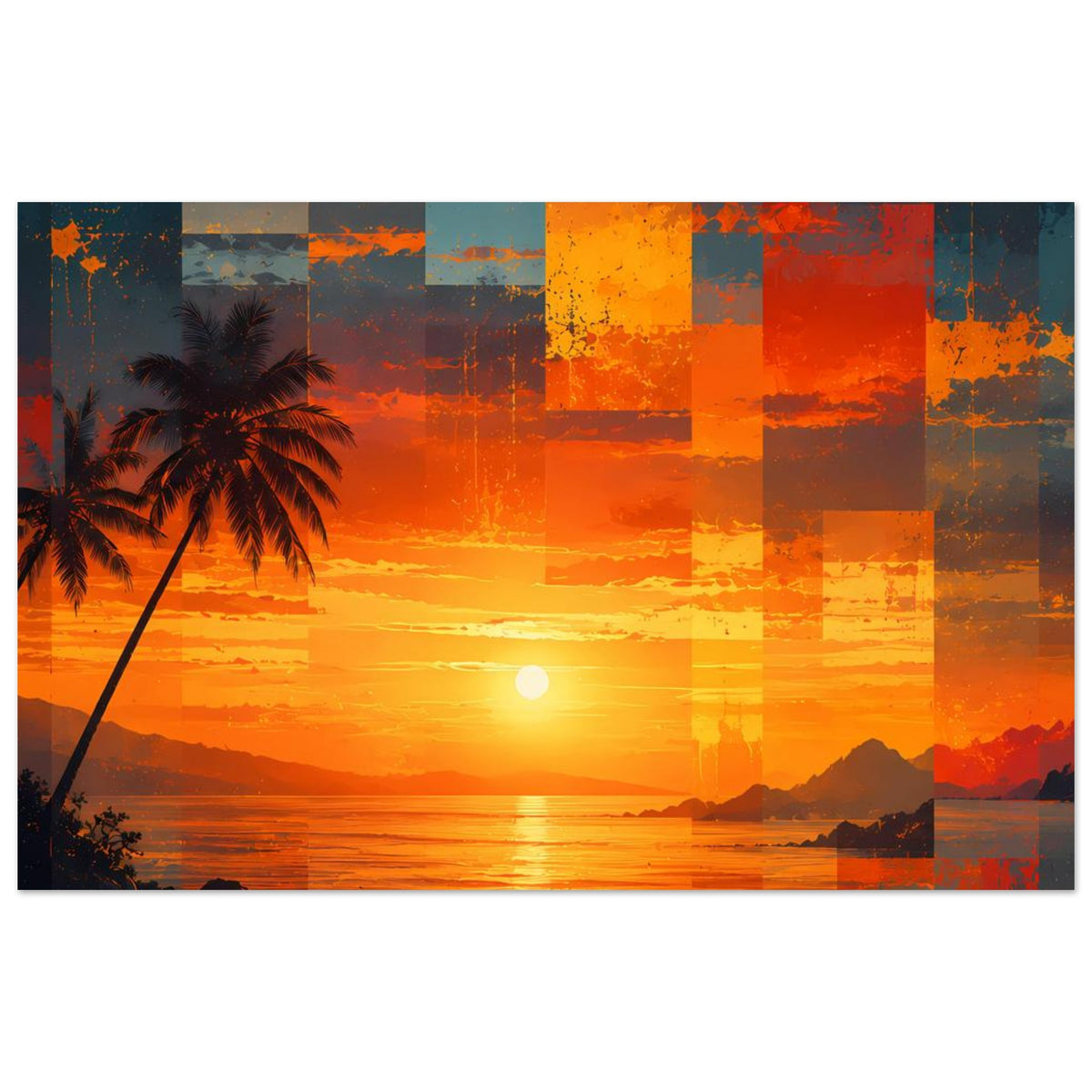 Kunstposter mit tropischem Sonnenuntergang über dem Meer, Palmen links, Sonne mittig, abstrahiert.