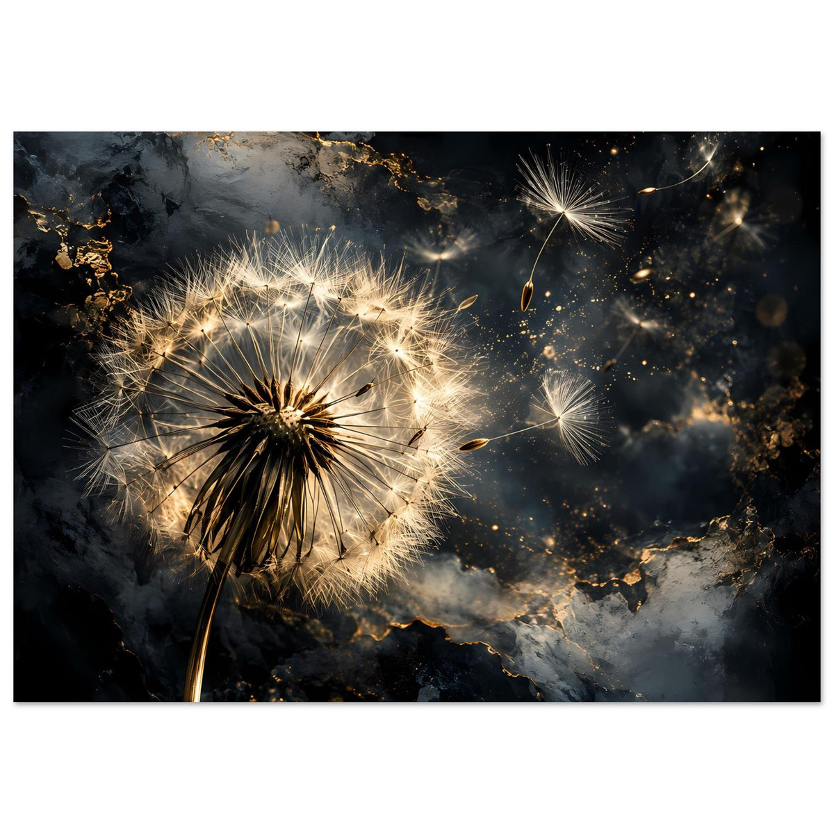 Horizontales Poster: goldene Löwenzahnblüte, schwebende Samen und Glanzpunkte
