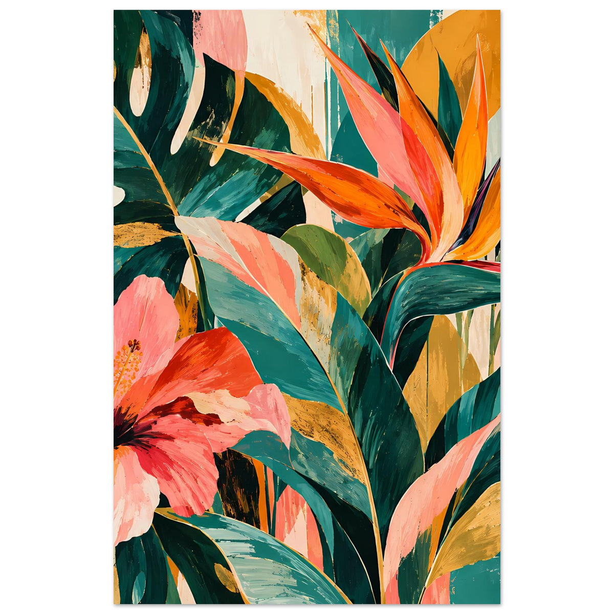 Florales Kunstposter im Hochformat, Fokus auf orange Blüte und große bunte Blätter