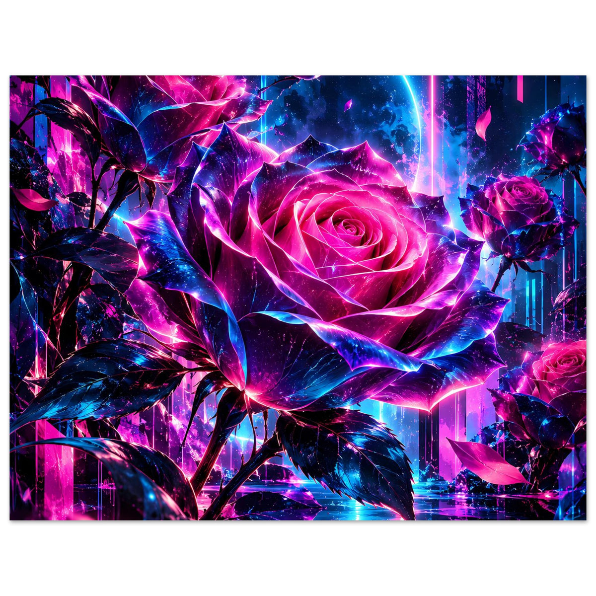 Kunstposter mit Neonrosen in Pink und Blau, zentraler Blütenkranz und Lichteffekte, horizontal