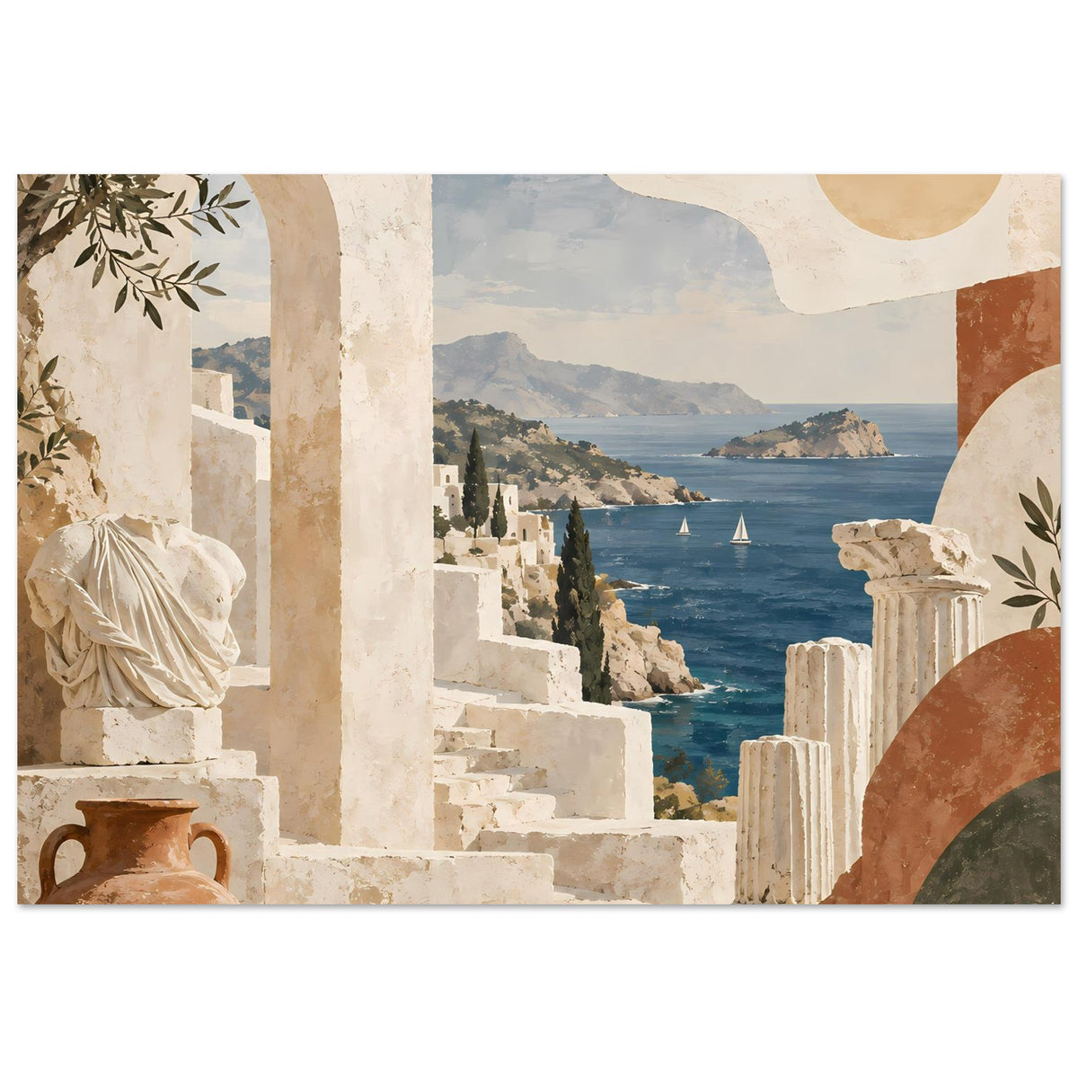 Urlaubs-Poster mit Küstenmeer, Steingewölbe und antiken Säulen und Treppen
