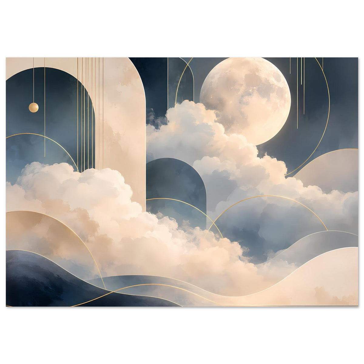 Poster mit abstrakter Mondlandschaft: großer Mond, Wolken, Bögen und goldfarbene Linien