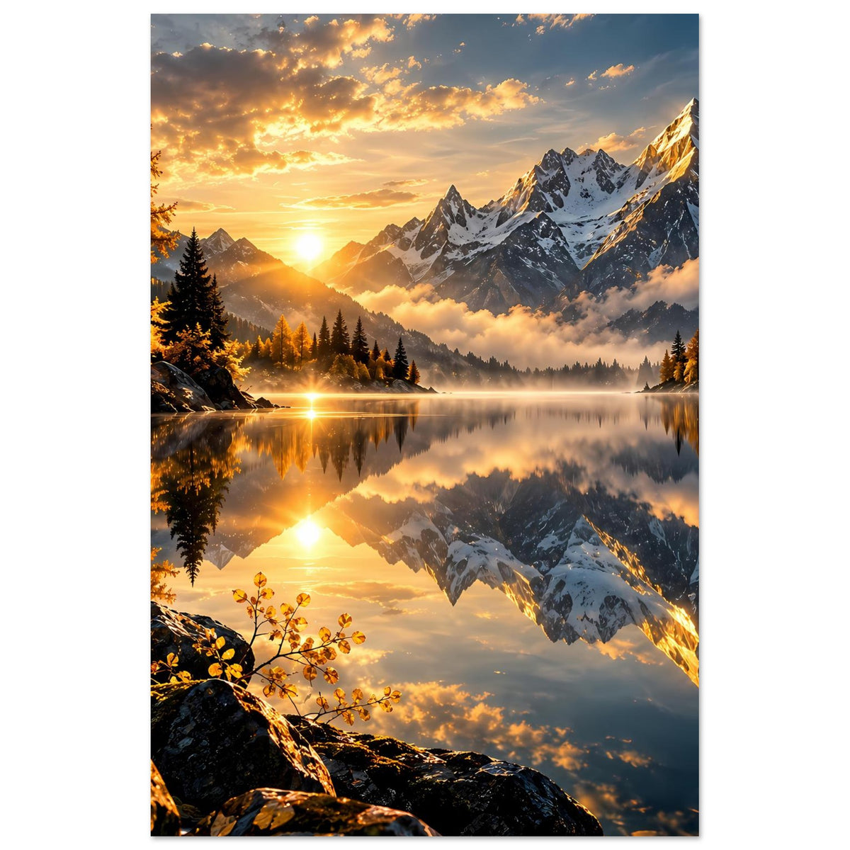 Wandposter im Hochformat mit goldenem Licht, Fichten am Ufer und Gipfelreflex