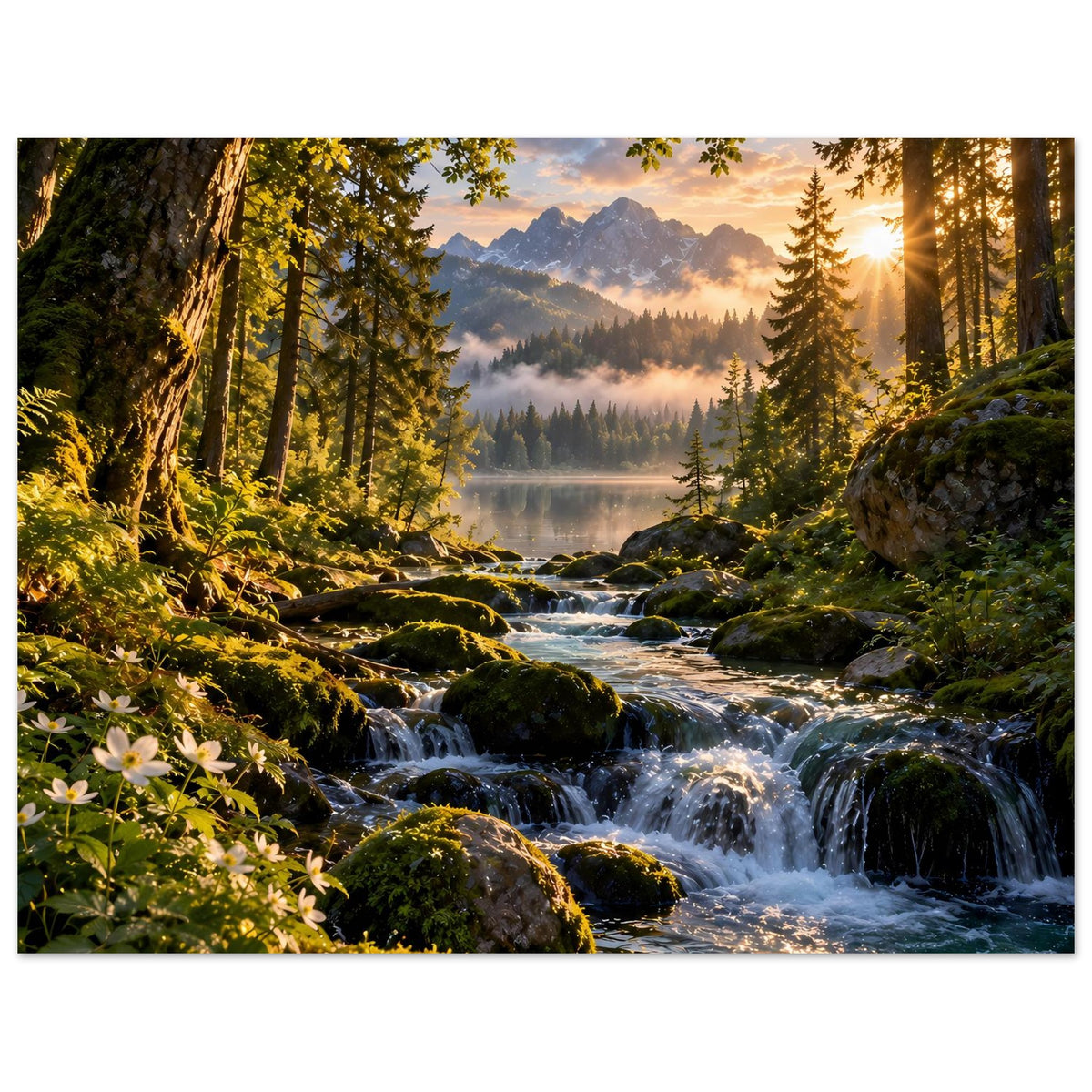 Wasserfall-Poster im Hochformat: Wasserfall, Tannenwald, Felsen und goldene Sonnenstrahlen
