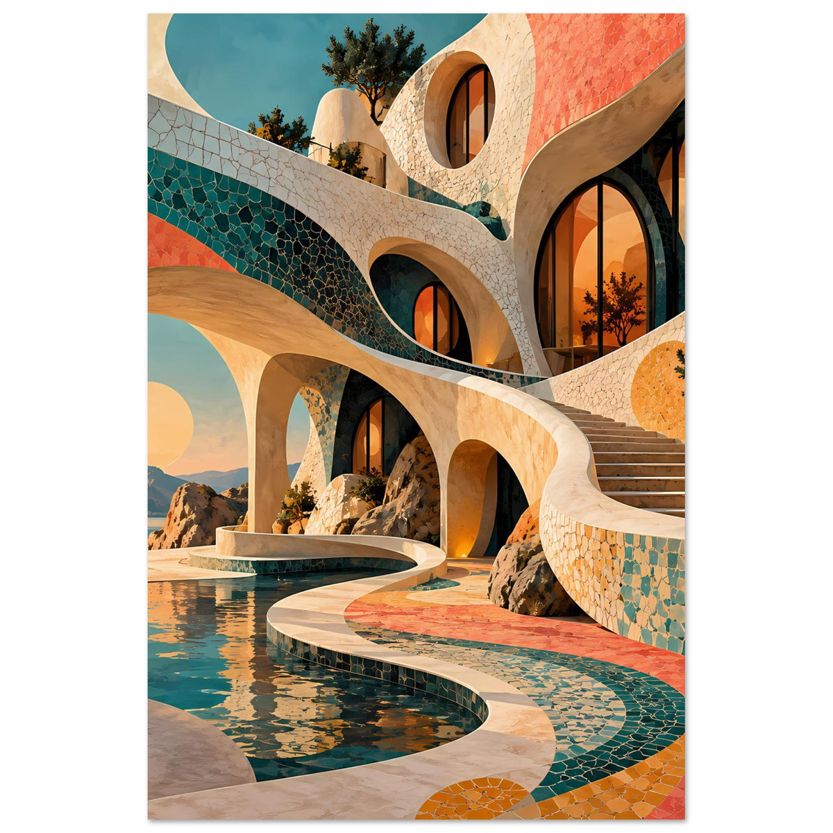 Kunstposter: Bogenarchitektur mit türkisfarbenem Mosaik, warmen Steinflächen und Pool