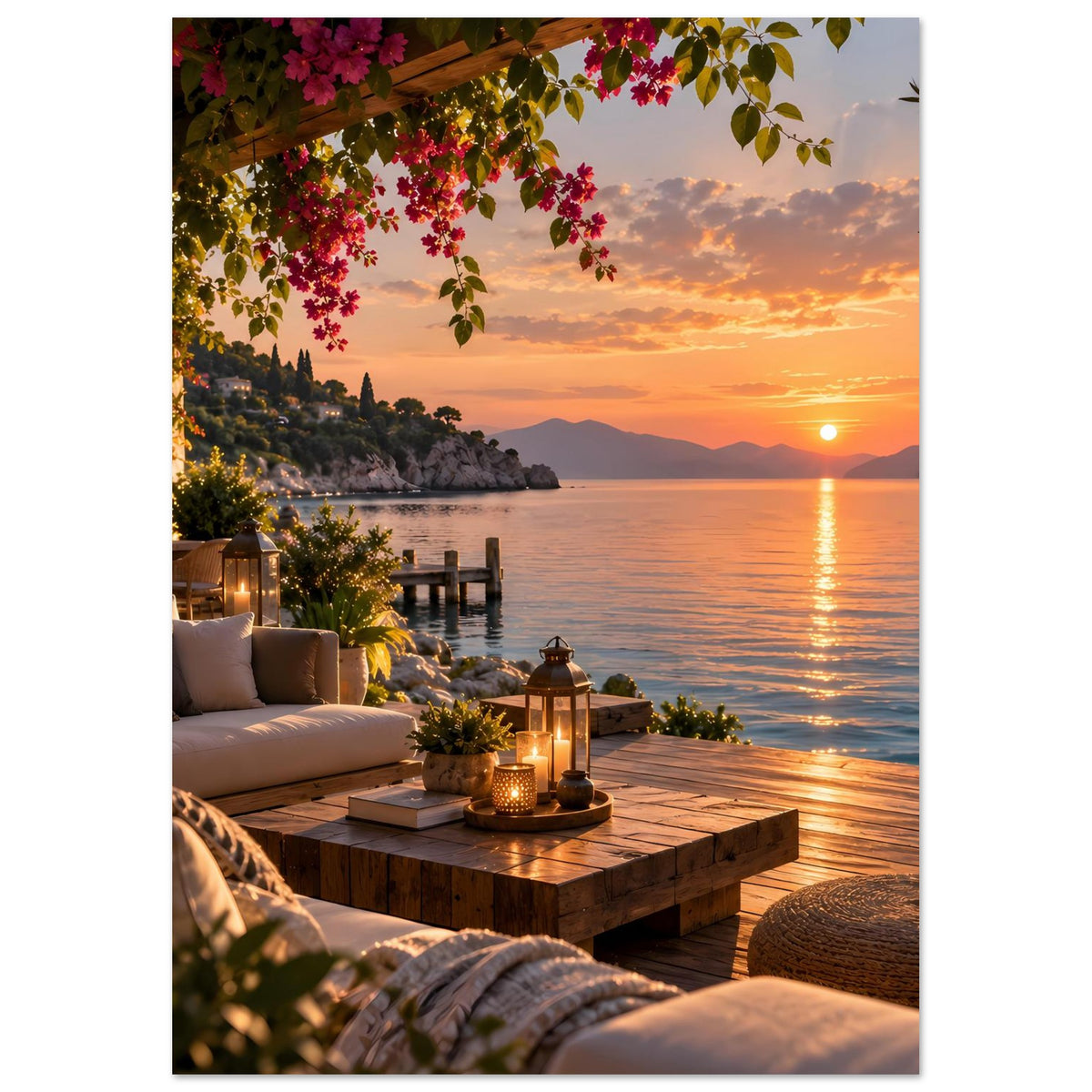 Küsten-Terrassenposter mit Sofa, Couchtisch und Bougainvillea über der Wasserlinie