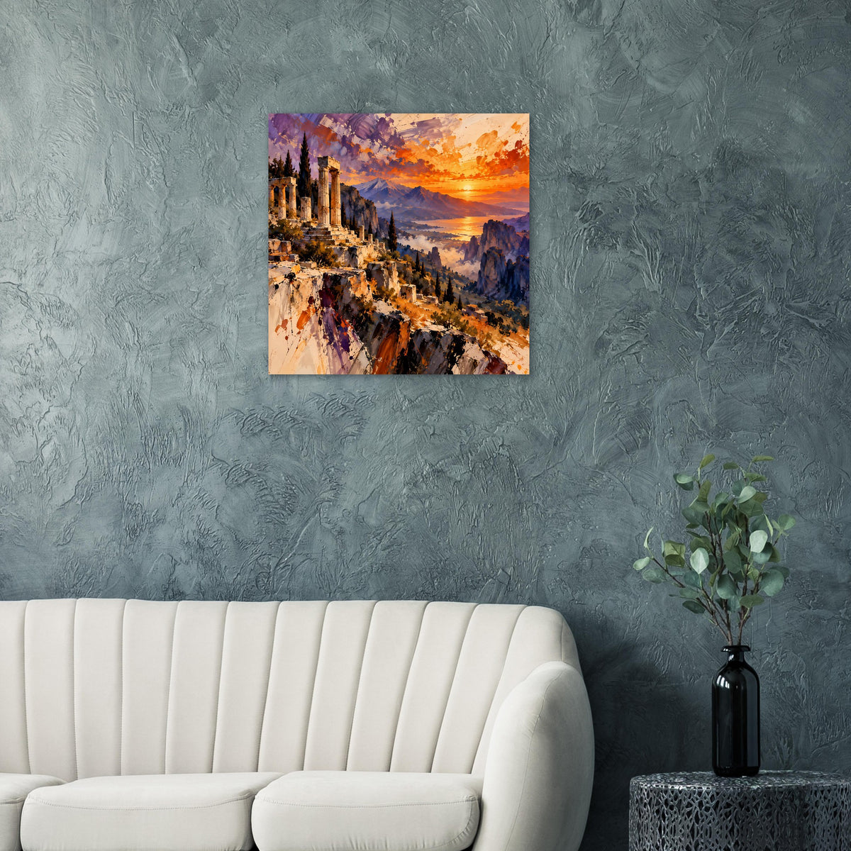 Matte Poster mit Sonnenuntergang und Ruinenkulisse in Violett-, Blau- und Orangetönen.