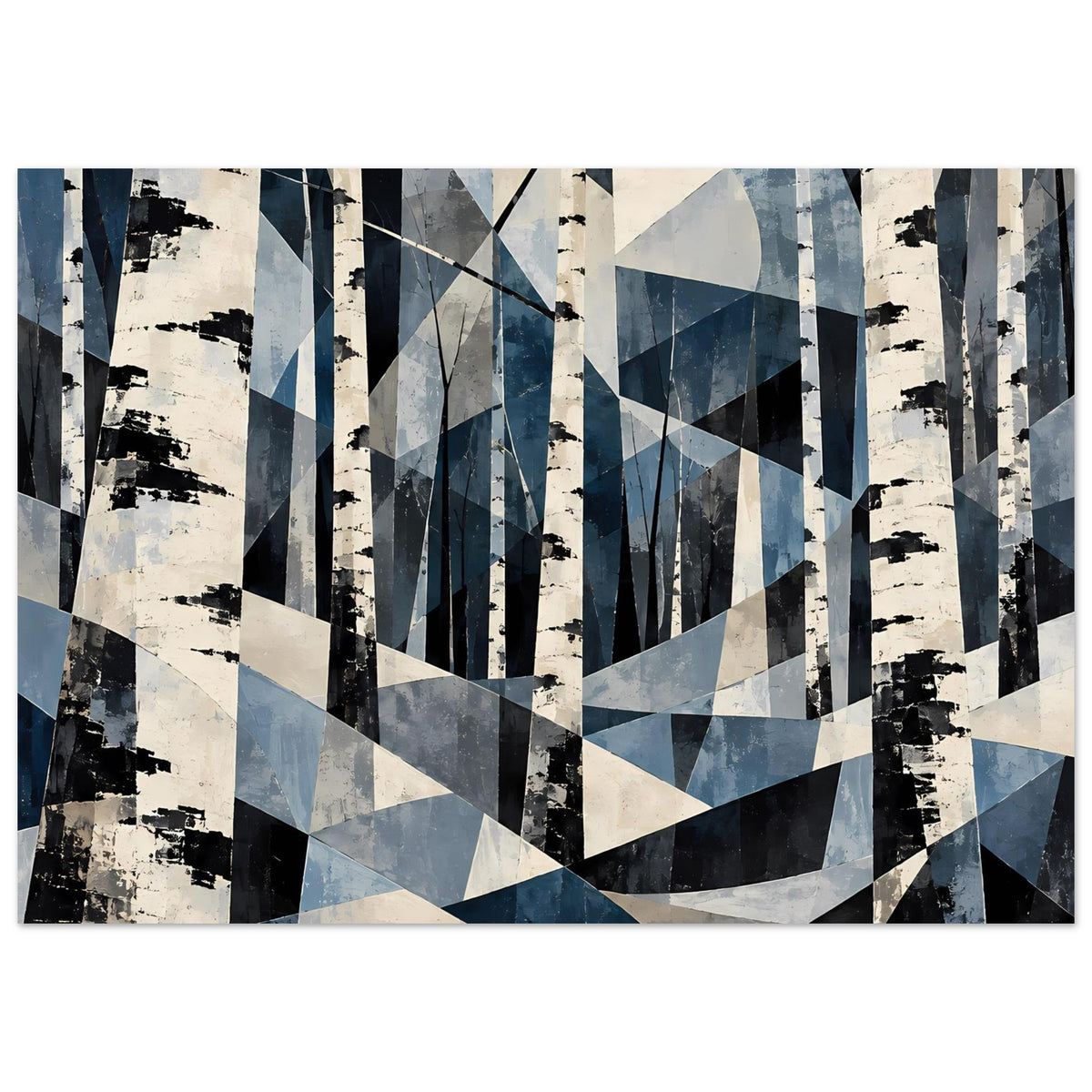 Abstraktes Poster mit Birkenwald-Motiv: blaue Dreiecke, Vierecke und klare Linien über Stämmen.