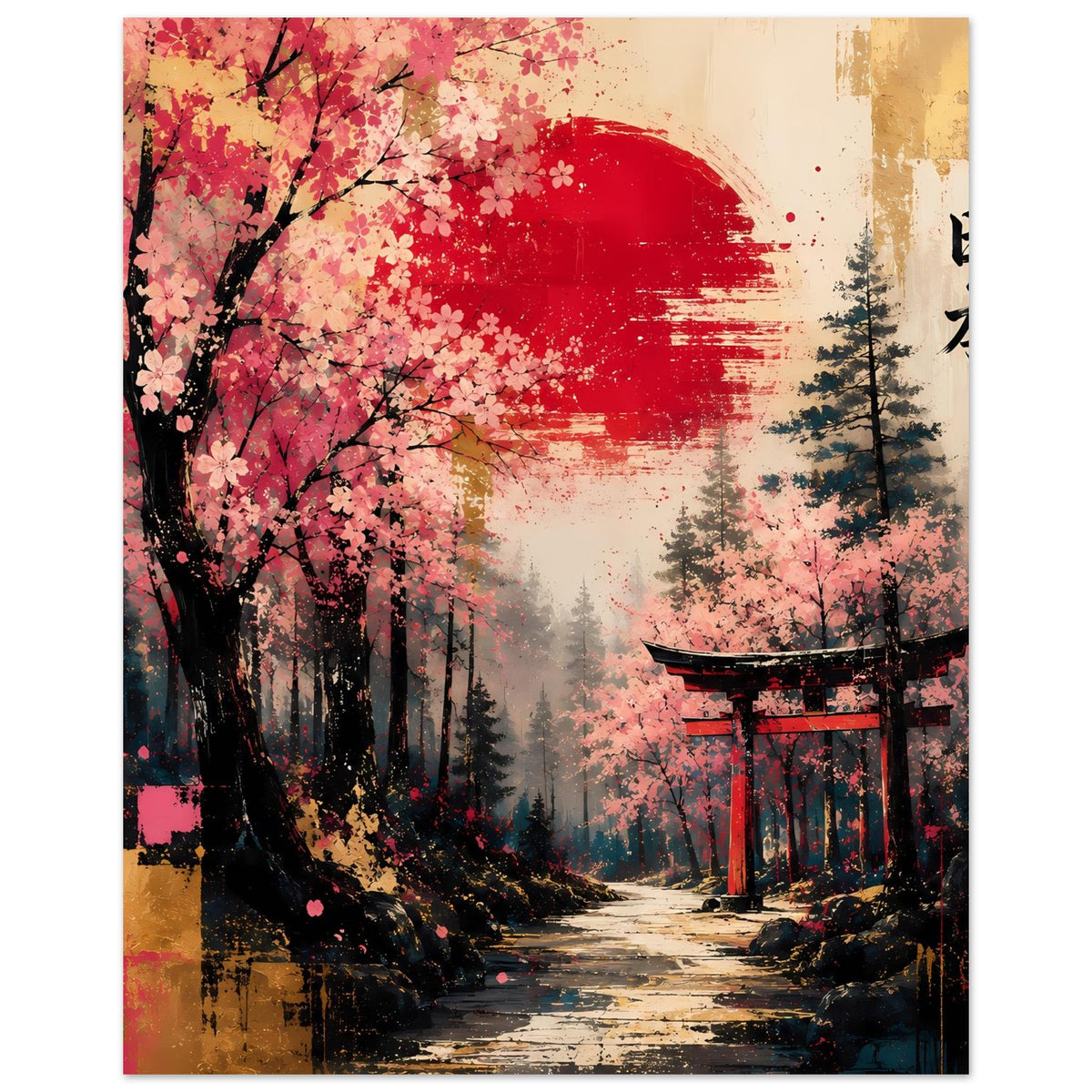 Poster mit Kirschblütenbaum, rotem Bogen und japanischem Torii im Waldweg