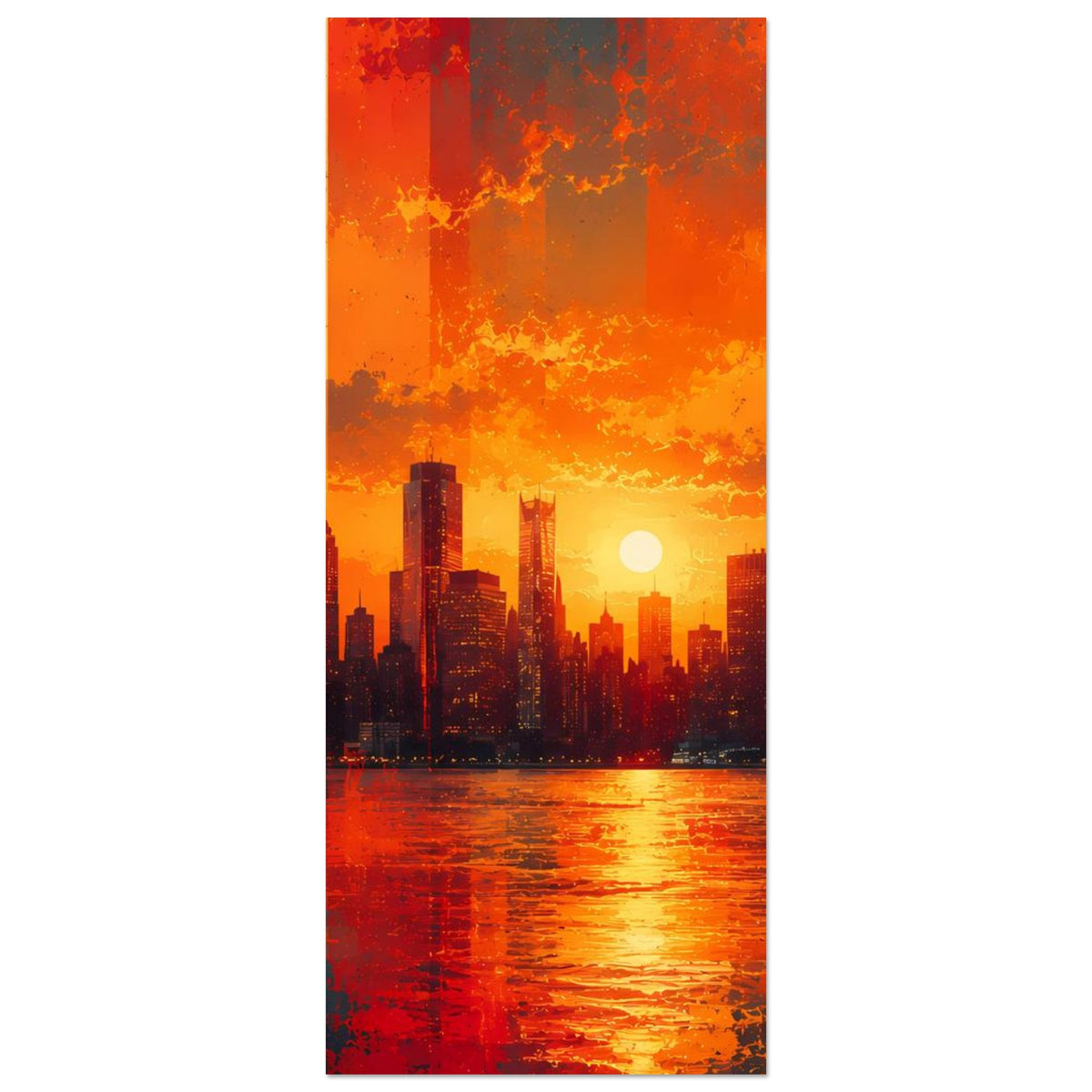 Hochformat-Poster mit orange-rotem Sonnenuntergang, Skyline und reflektierendem Wasser