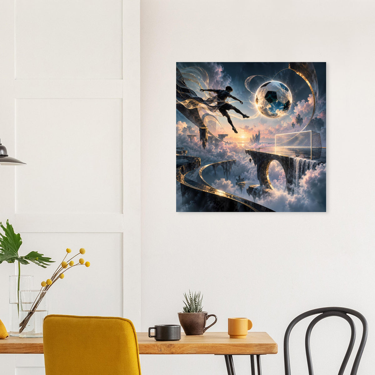 Poster mit Fußballspieler, Planet und futuristischen Formen in Blau, Schwarz und Gold