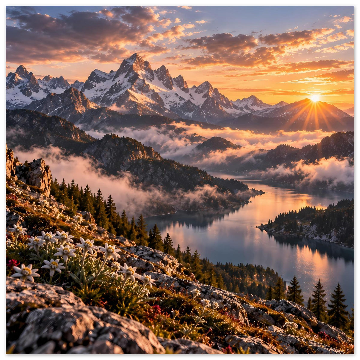 Quadratisches Poster mit Sonnenaufgangsstimmung, Bergsee und blühendem Hang