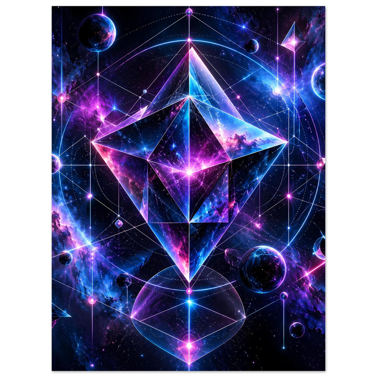 Vertikales Cosmic-Geometry-Poster mit mehrfarbigem Stern-Design, Planeten und Neon-Linien
