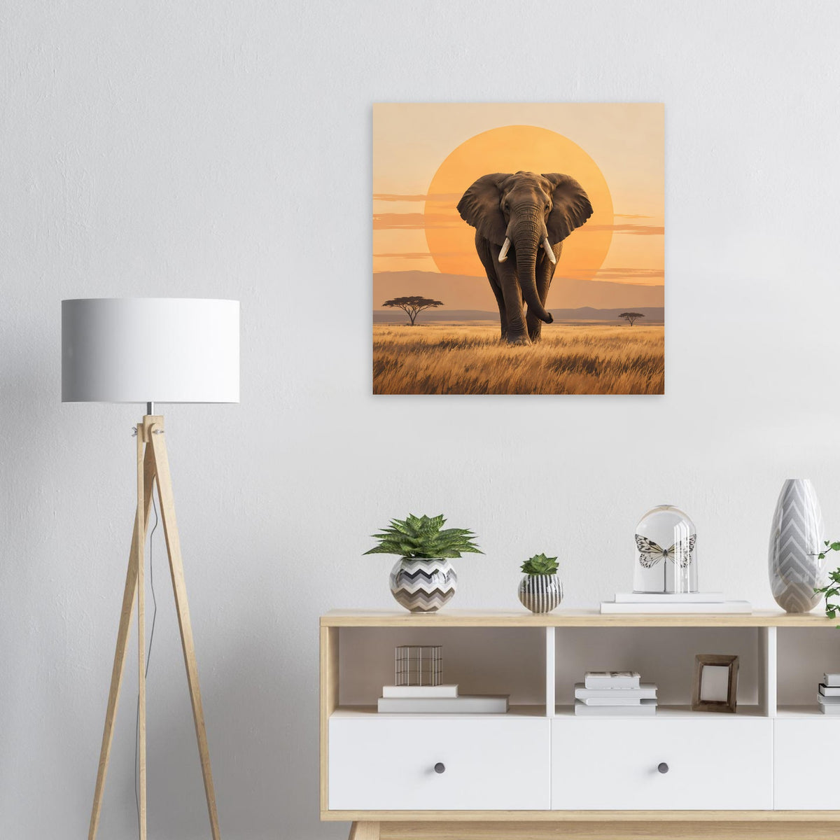 Quadratisches Poster (matt) mit Elefant in orangefarbener Sonnenuntergangslandschaft