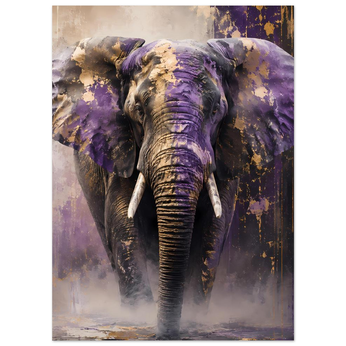 Abstraktes Elefantenposter im Hochformat: lila Elefant mit Stoßzähnen und markierter Stirn.