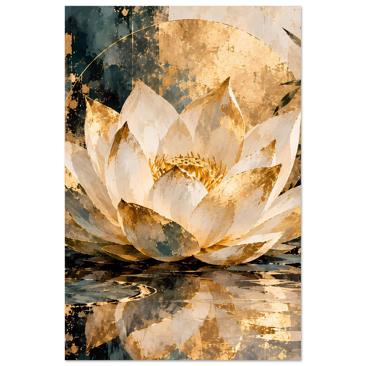 Lotus-Papierkunst-Poster im Hochformat: zentrale Lotusblüte in Creme und Gold mit Blattzweig rechts