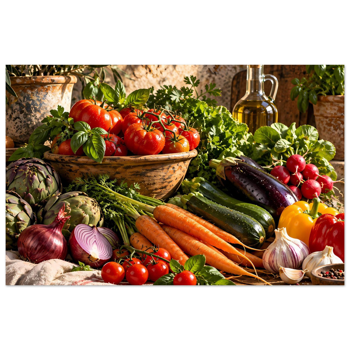 Küchenposter mit Gemüseauswahl: Tomaten, Karotten, Zucchini, Zwiebeln, Ölflasche
