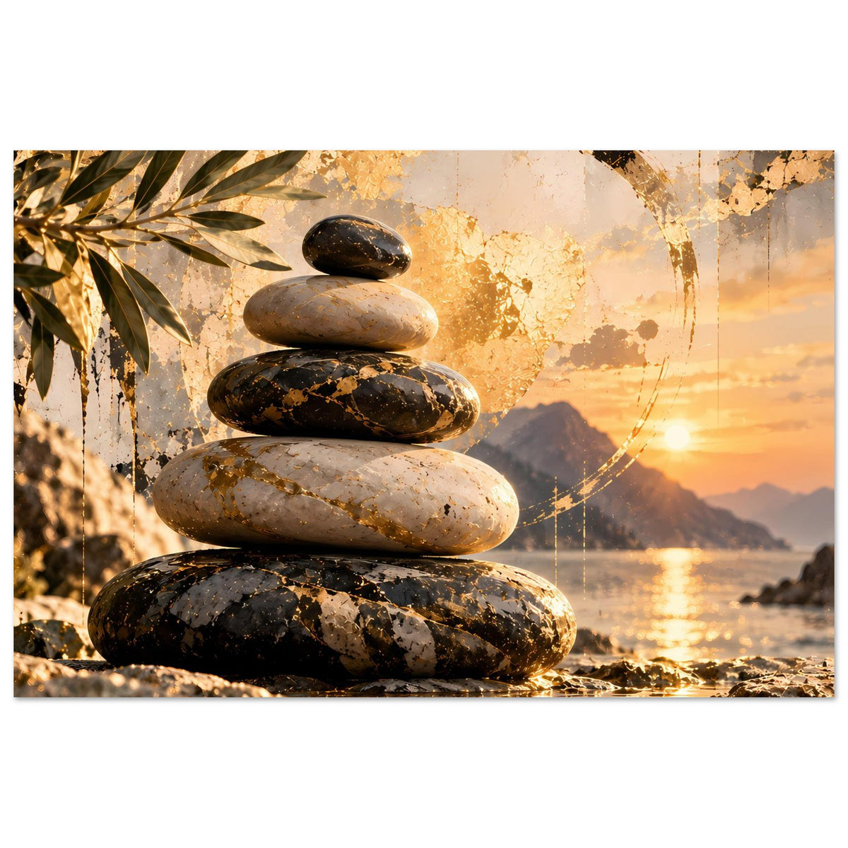 Zen-Poster mit Stein-Stapel im Vordergrund, Mandala-Kreis und Sonnenuntergangstonen