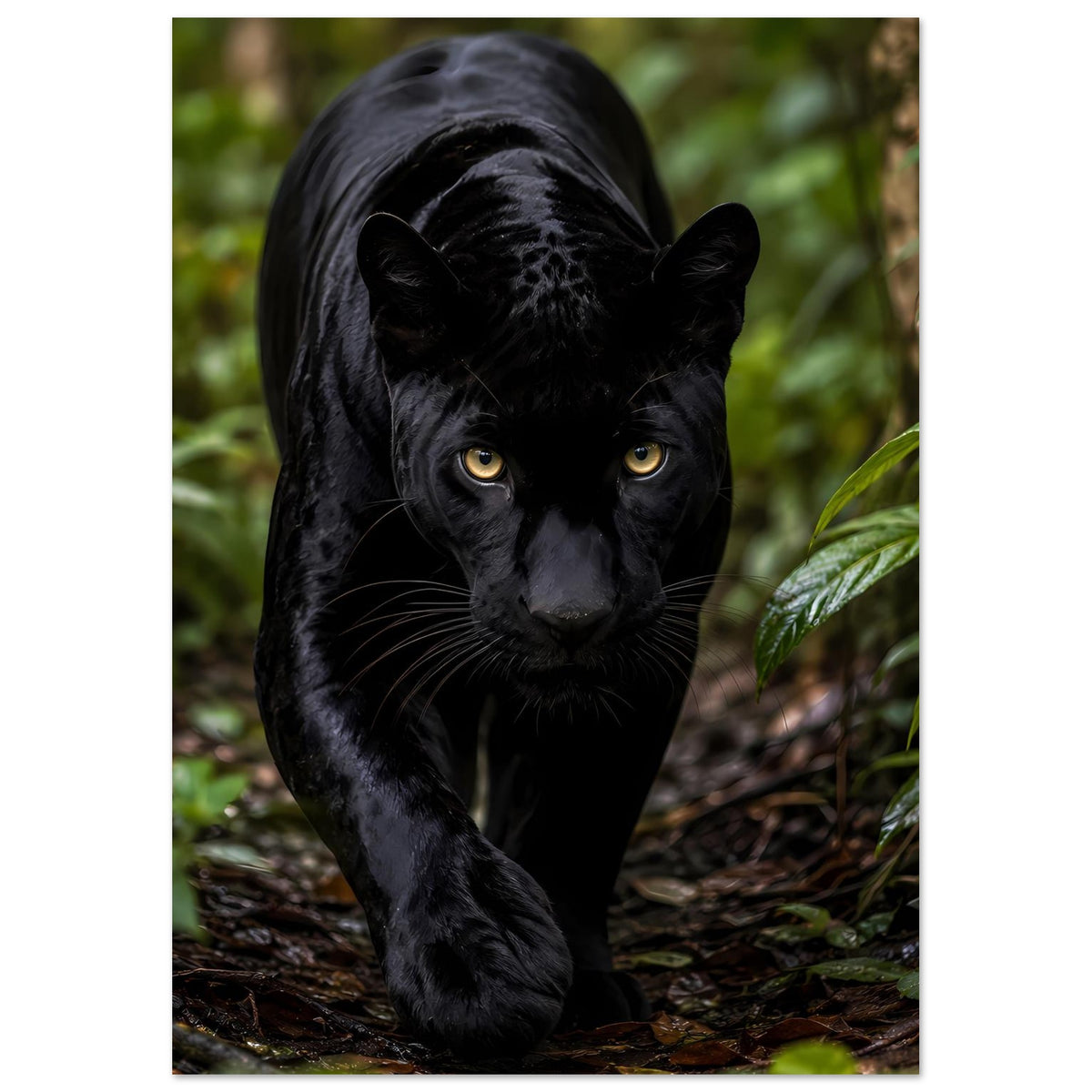 Poster mit schwarzem Panther im Wald, Vorderpfote vorn, gelbe Augen