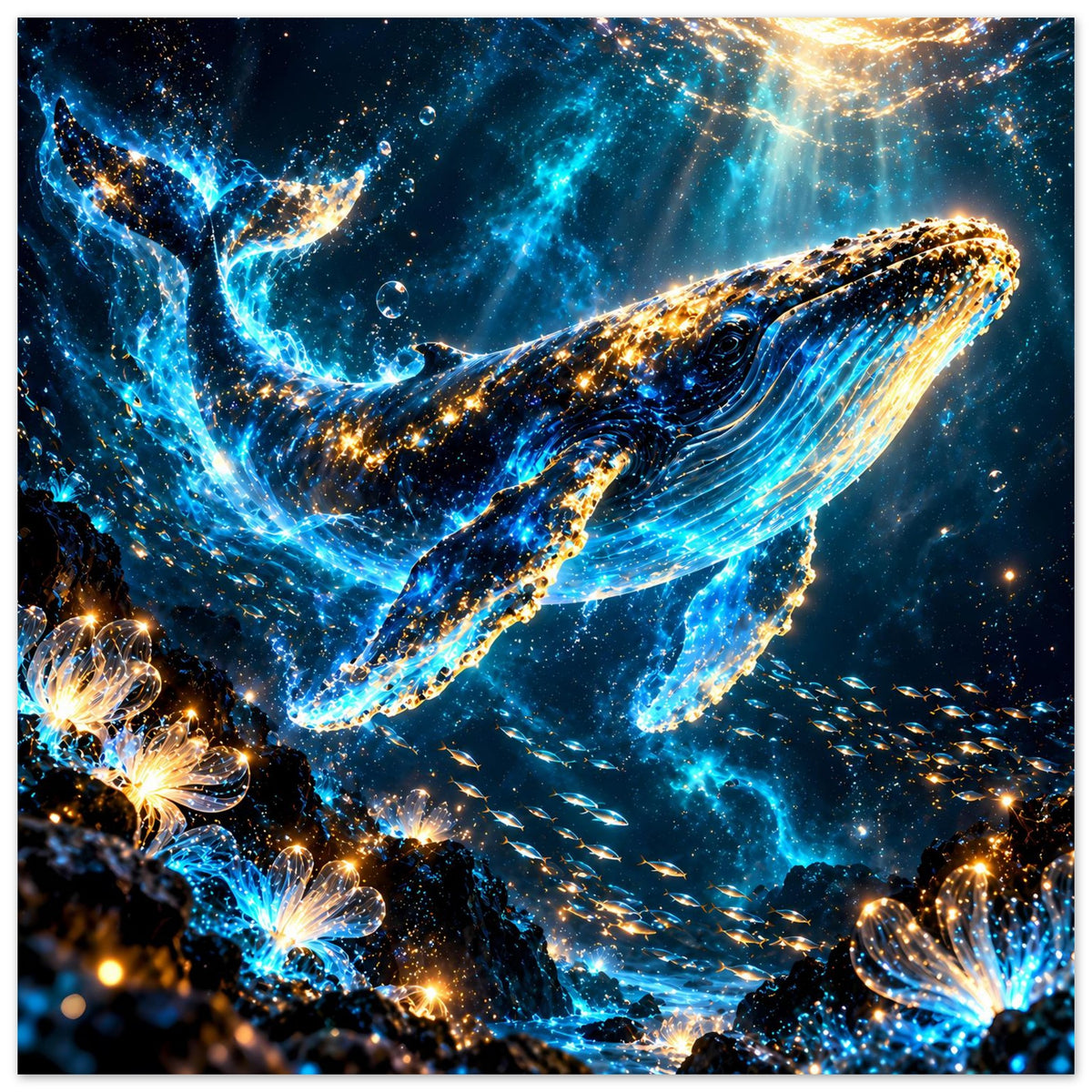 Poster im Hochformat: Wal mit Lichtspuren, blauer Ozean und goldene Partikel