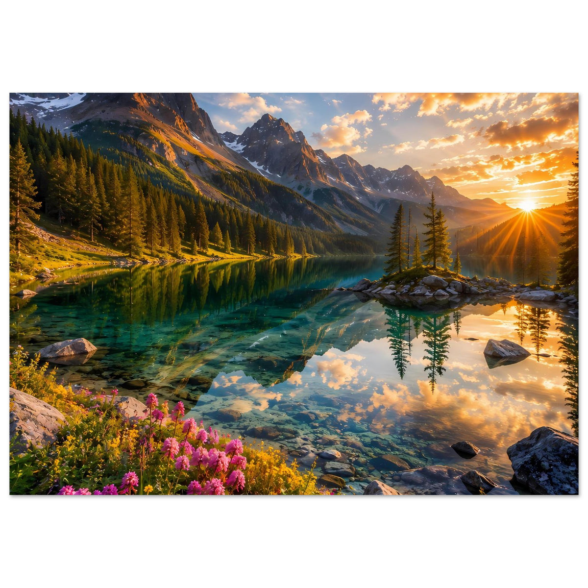 Poster Landschaftsbild am See: Sonne im rechten Bereich, Berge, Wald, Reflexion im Wasser.