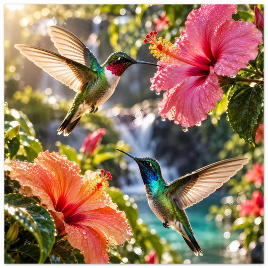 Poster mit Kolibris und Hibiskusblüten, Vögel im Flug vor farbigem Pflanzenmotiv