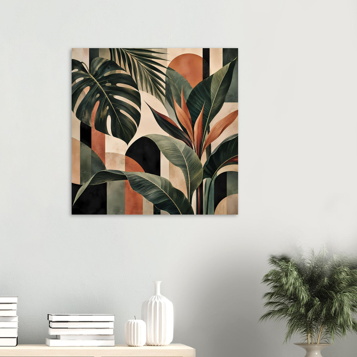 Botanisches Poster mit Palmenblättern in Grün-, Terrakotta- und Cremetönen, schwarzer Rahmen