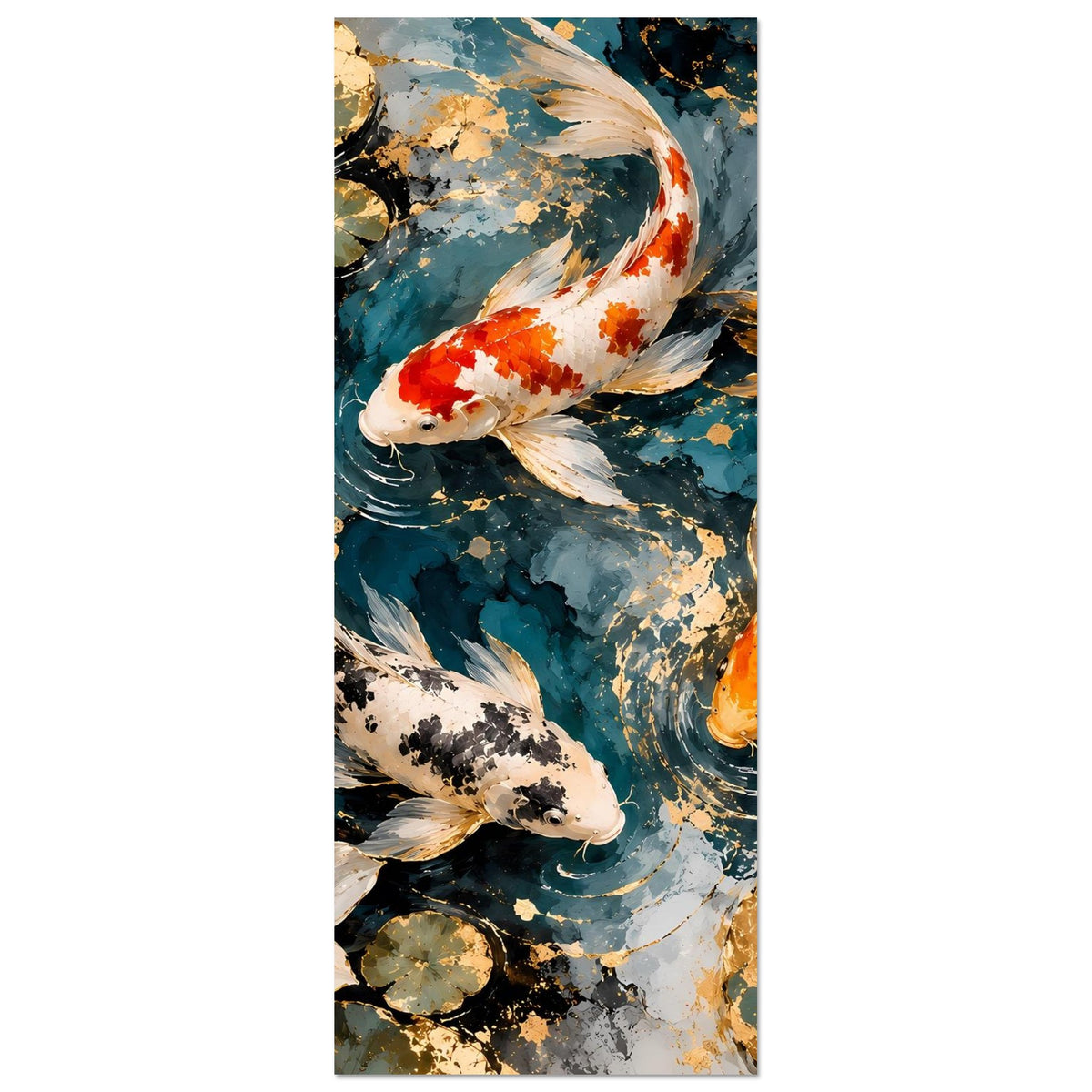 Kunstposter im Hochformat: Koi-Fische im Teich mit blau-goldenen Spritzmustern