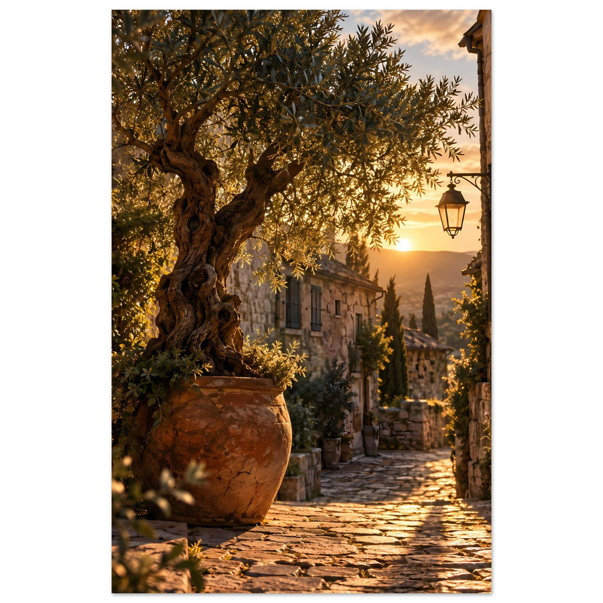 Poster mit Olivenbaum im Tongefäß und mediterraner Gasse bei goldenem Sonnenuntergang