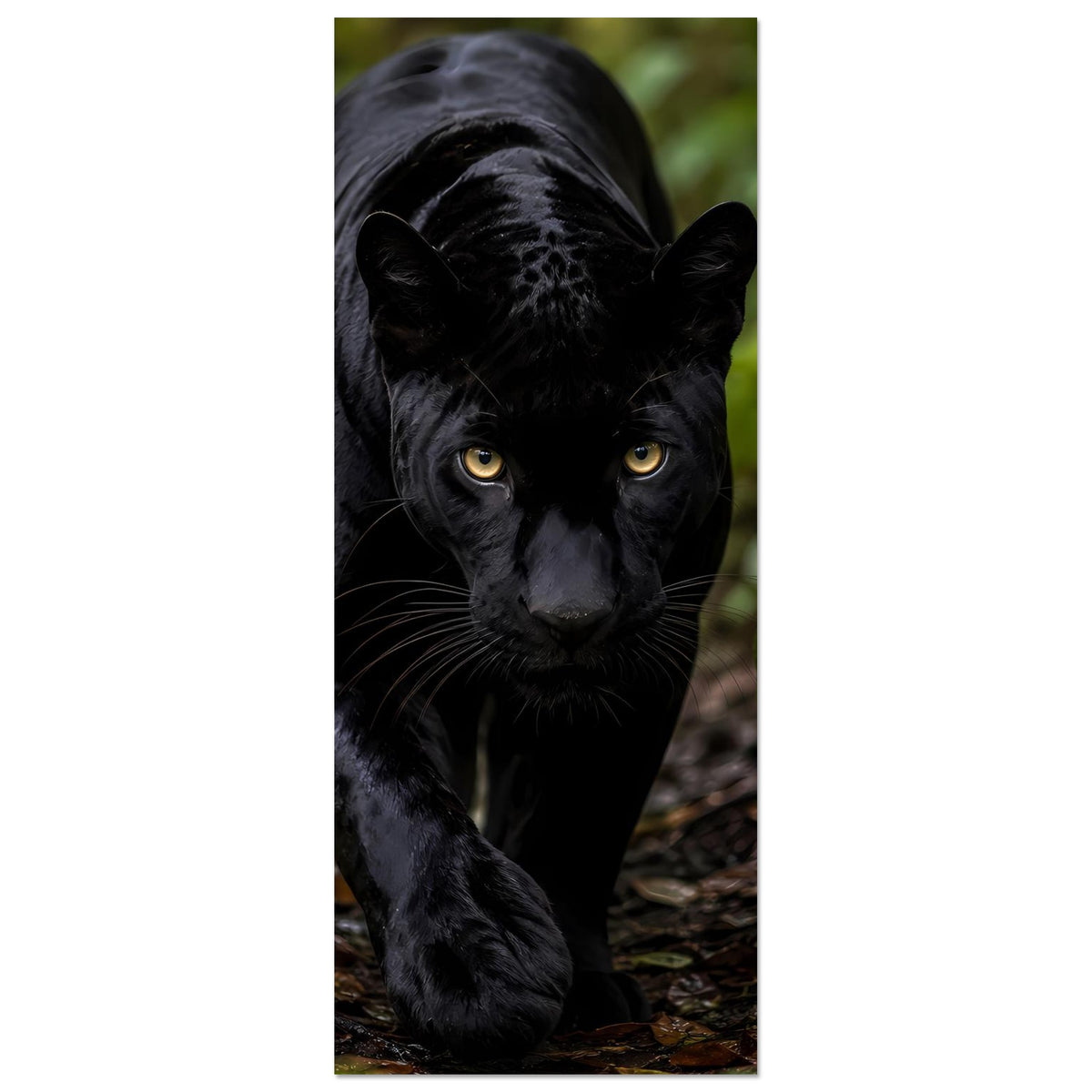 Hochformatiges Poster mit schwarzem Panther im Dschungel, Blick nach vorn