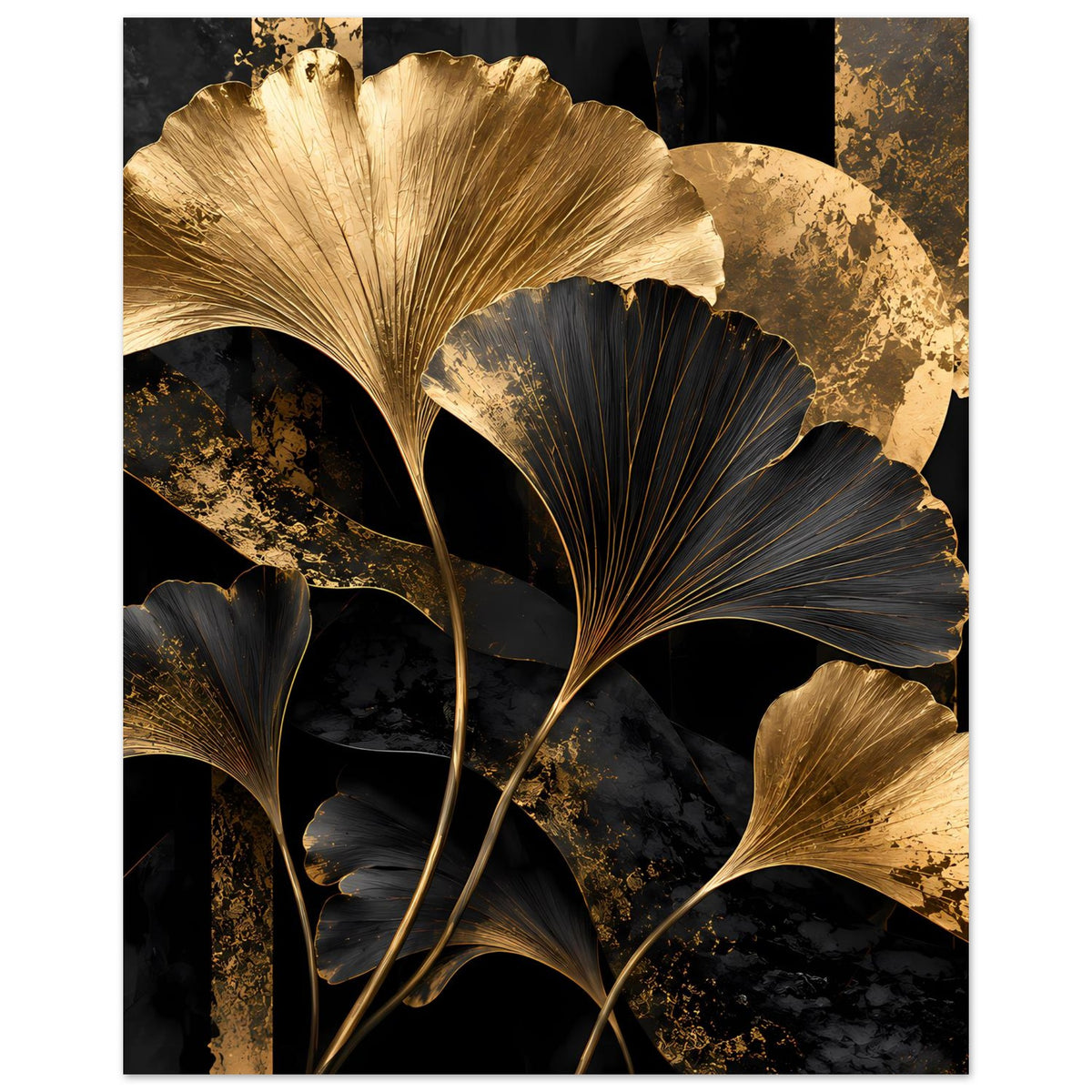 Botanisches Poster mit goldenen und schwarzen Ginkgo-Blättern, vertikal