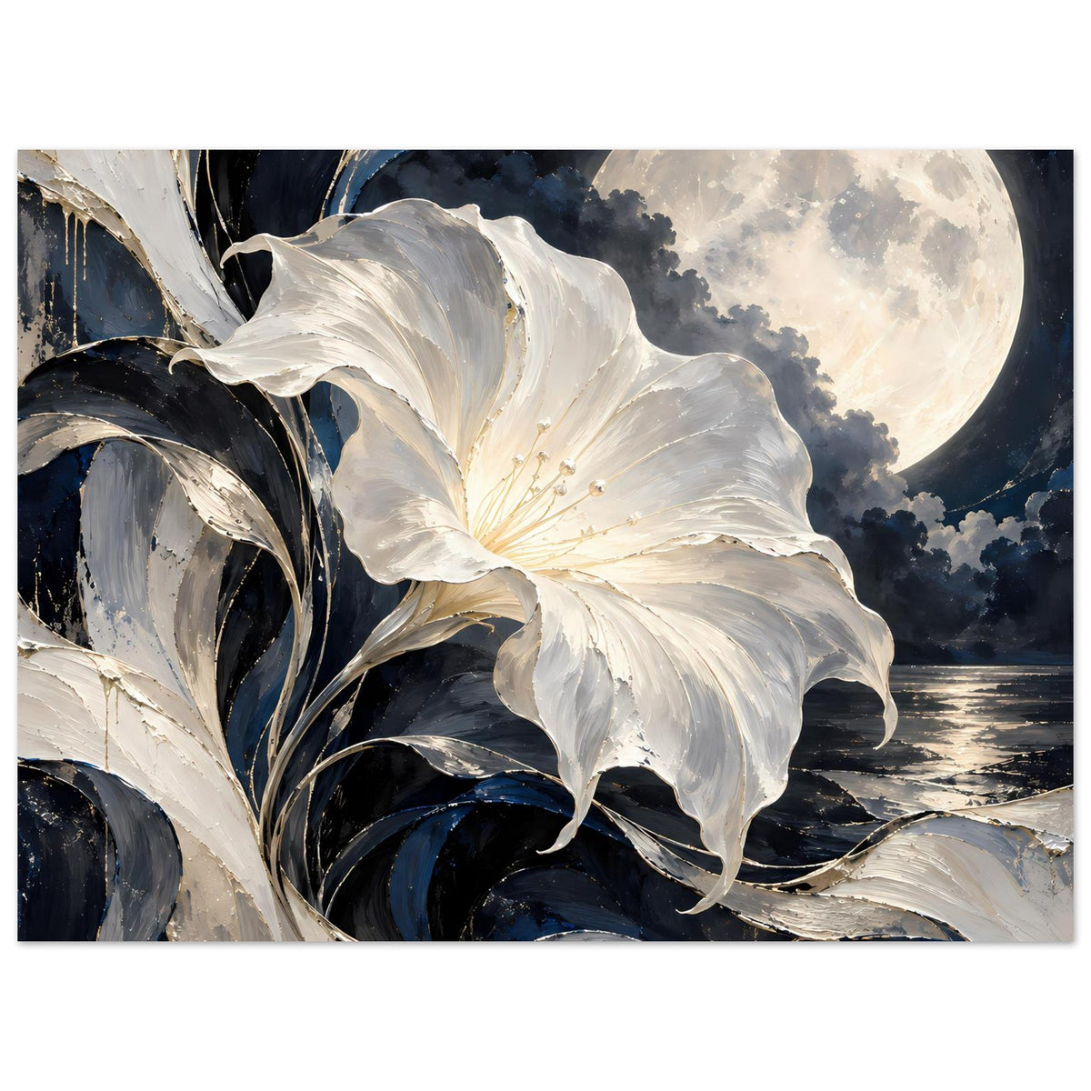 Blumenposter mit weißer Blüte und dunklen Blättern, Mond im Hintergrund über dunklem Wasser