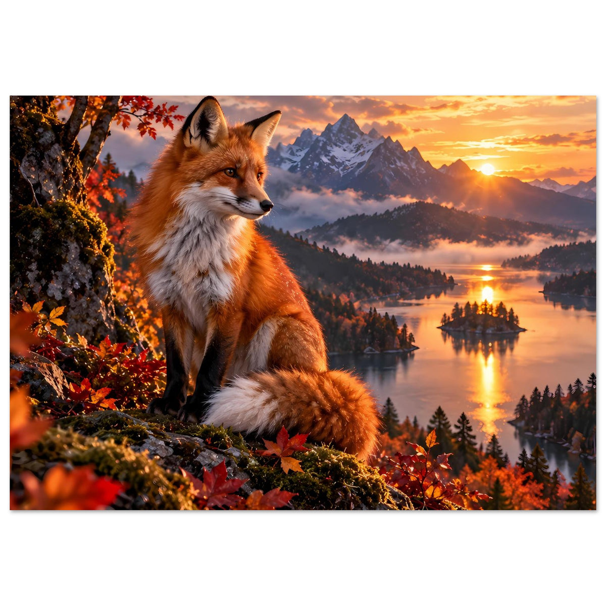 Wandposter mit Fuchs im Wald an Sonnenuntergang, Herbstblätter und Berge am Horizont