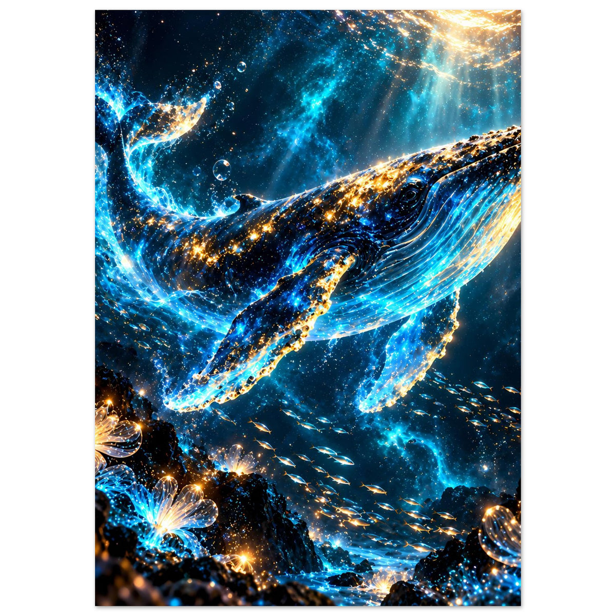 Wandposter mit Wal und Blasenmeer, kräftige Blau- und Goldtöne, strahlender Glanz