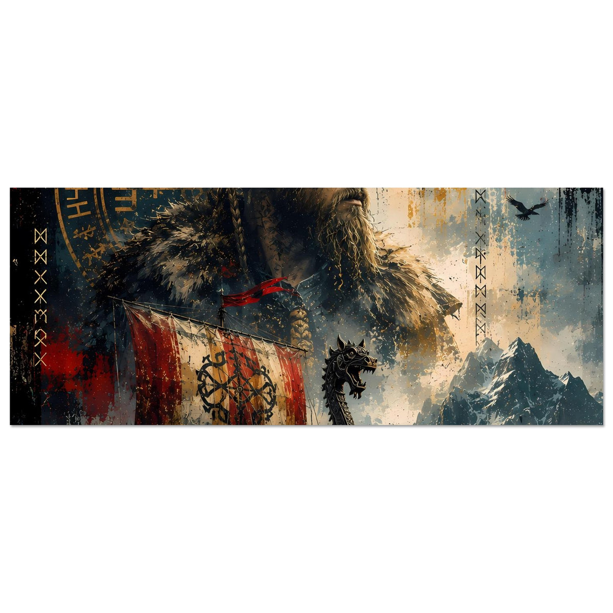 Horizontales Wikinger-Legendenposter mit bärtigem Nordmann und Langschiffen