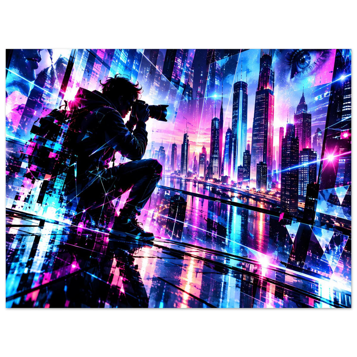 Poster mit Neon-Skyline, Silhouettenfigur mit Kamera und Großauge im Hintergrund