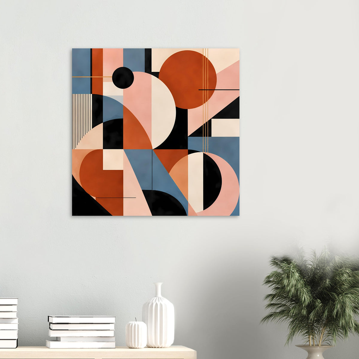 Abstraktes Geometrie-Poster mit übergroßen Kreisen, schwarzem Punkt und Streifen in Terrakotta & Blau
