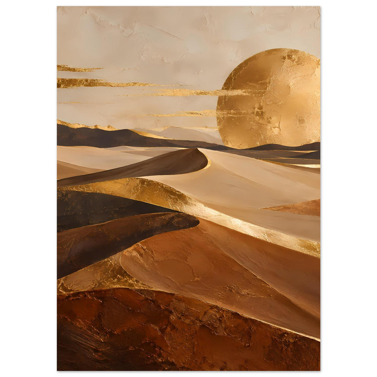 Poster mit Wüstensand und Fels in Braun und Gold, goldene Sonne und Dünenmulden