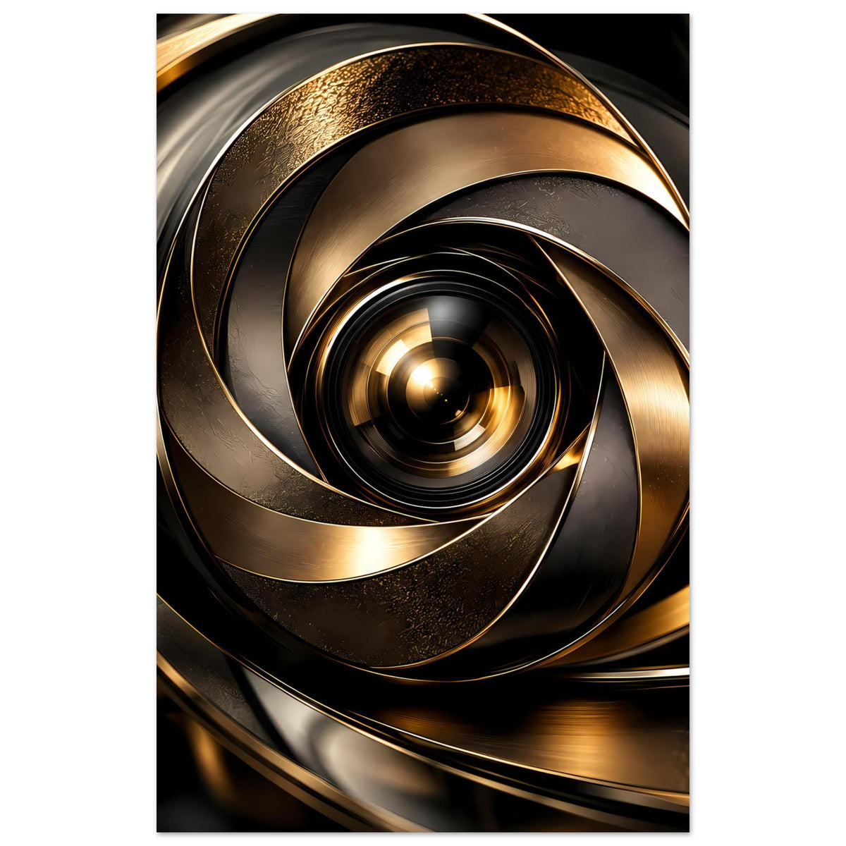 Abstraktes Poster, vertikale Ansicht: goldene Spirale mit dunklen Kreisringen