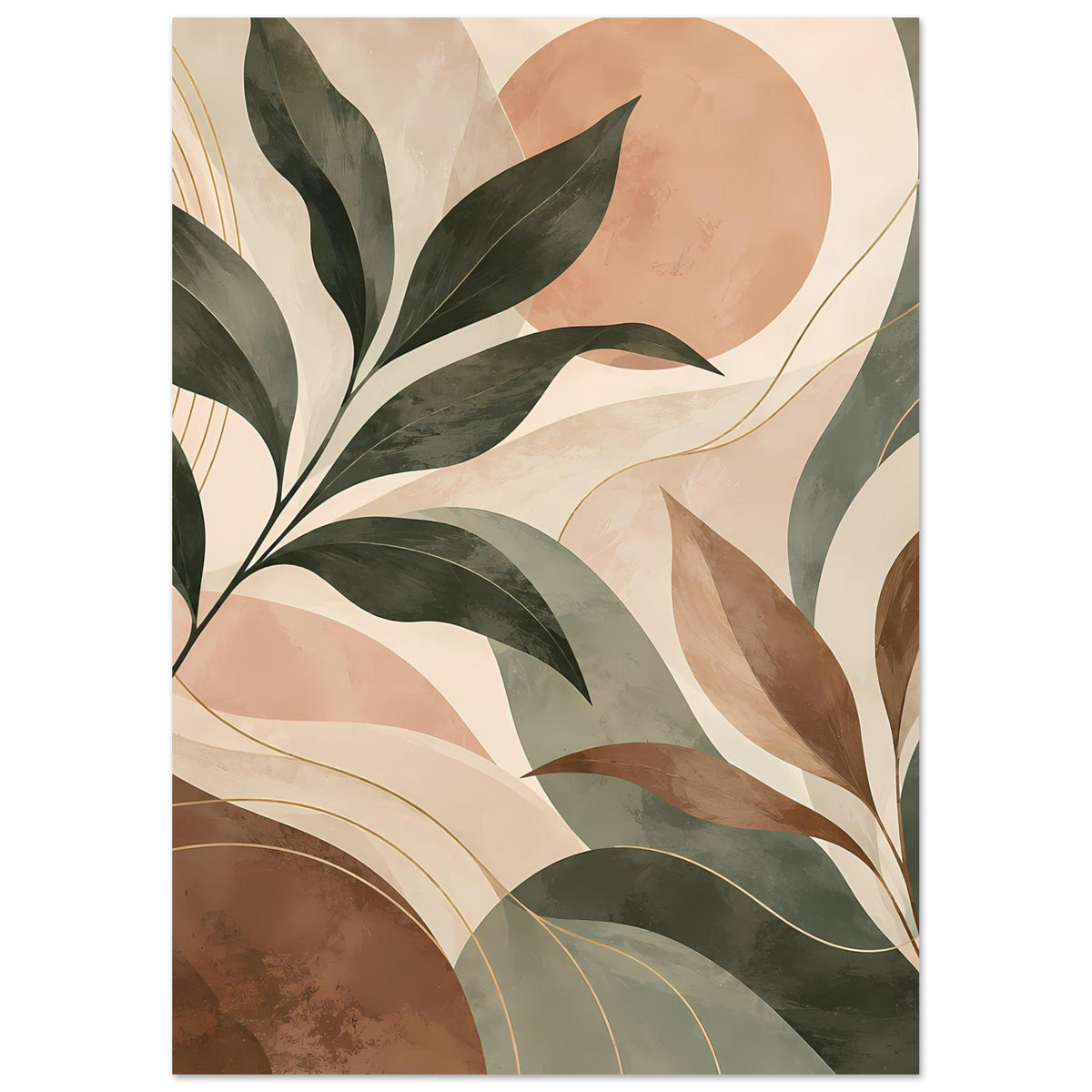 Hochkant-Kunstposter mit abstrakten Naturformen: Blätter, Kreise und Erdtöne