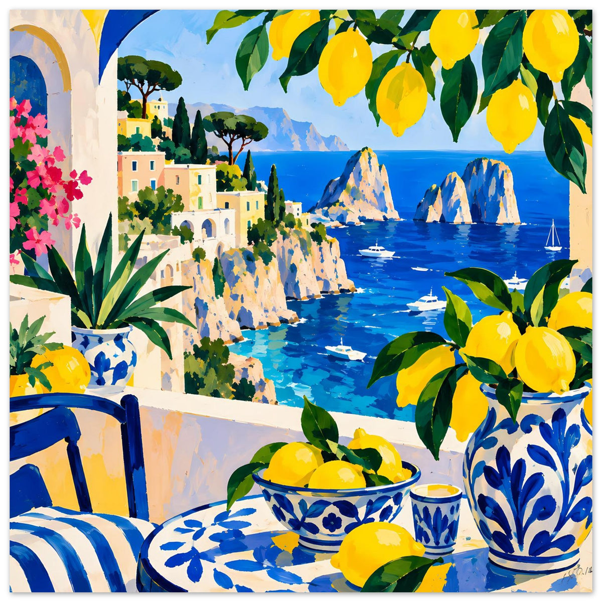 Kunstdruck Poster mit Zitronen, blauem Meer, Küstenhäusern und Porzellan im Vordergrund