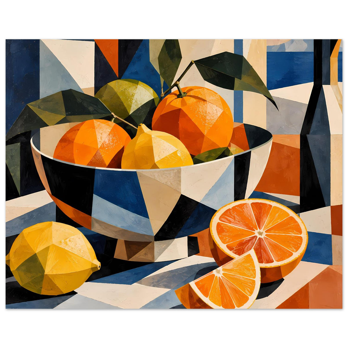 Kubistisches Poster mit Schale voller Orangen, gelbe Zitrusfrucht links und Orangenscheiben rechts