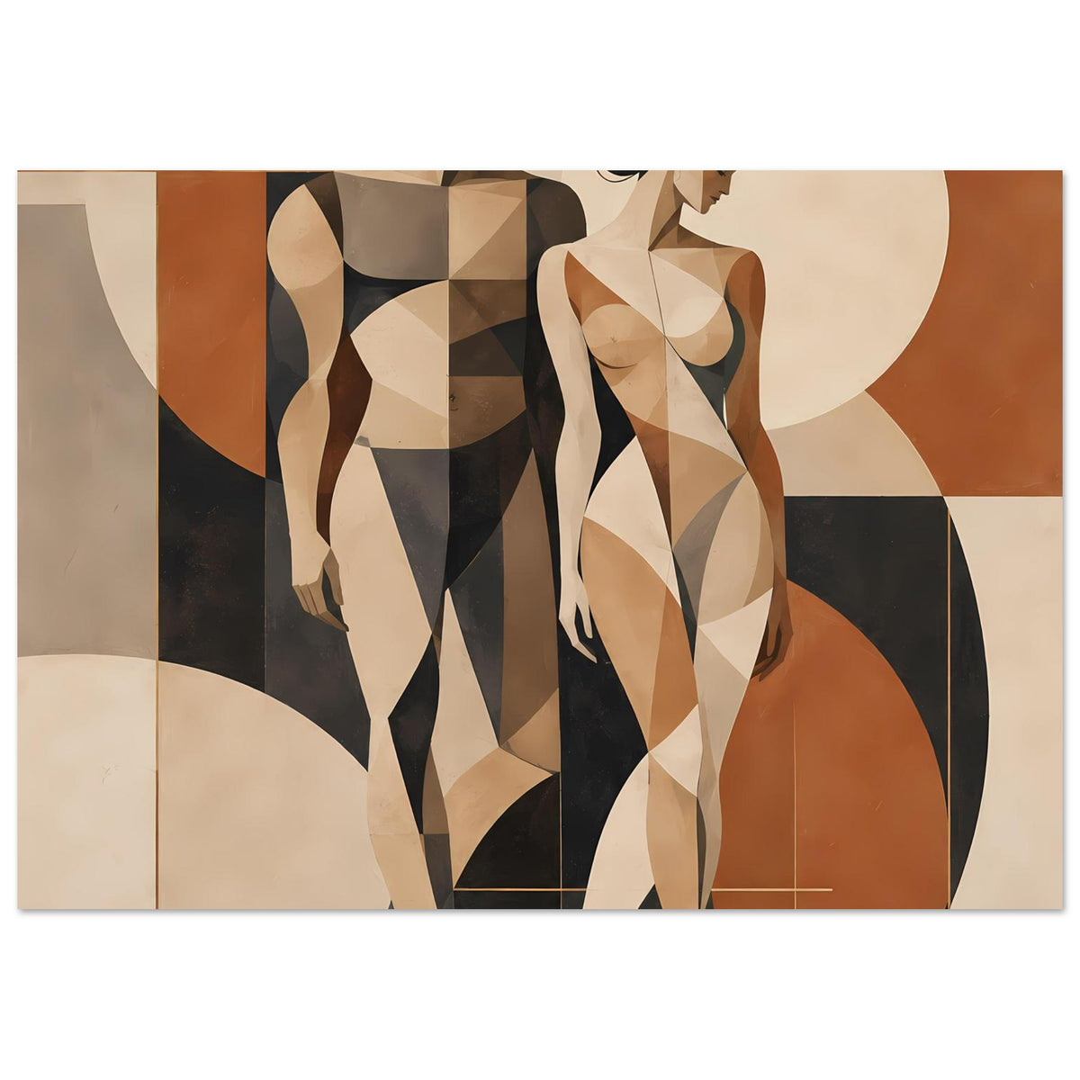 Horizontaler Kunstdruck mit kubistischen Aktenpaar-Figuren in Erdtönen und geometrischen Formen