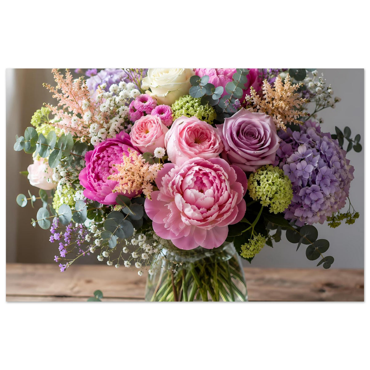 Blumenposter mit Pastellblumen im Strauß in grüner Vase