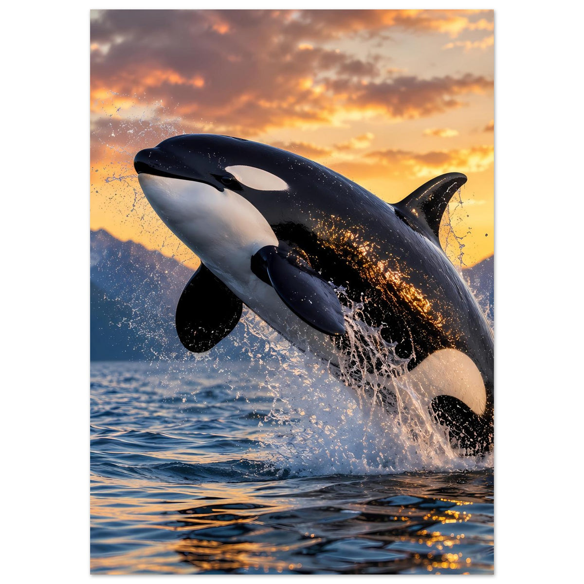 Poster mit Orca im Sprung, schwarz-weiß gemustert, mit Wasserfontänen vor der Flosse.