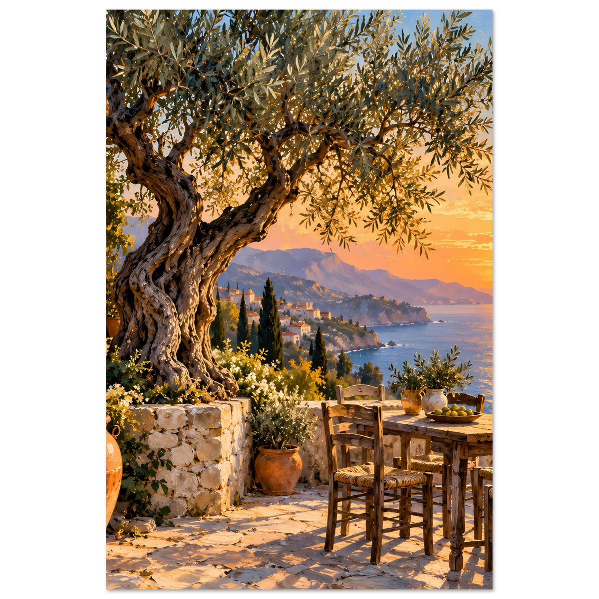 Hochkant-Poster: Olivenbaum über der Küste, Holztisch und Abendhimmel