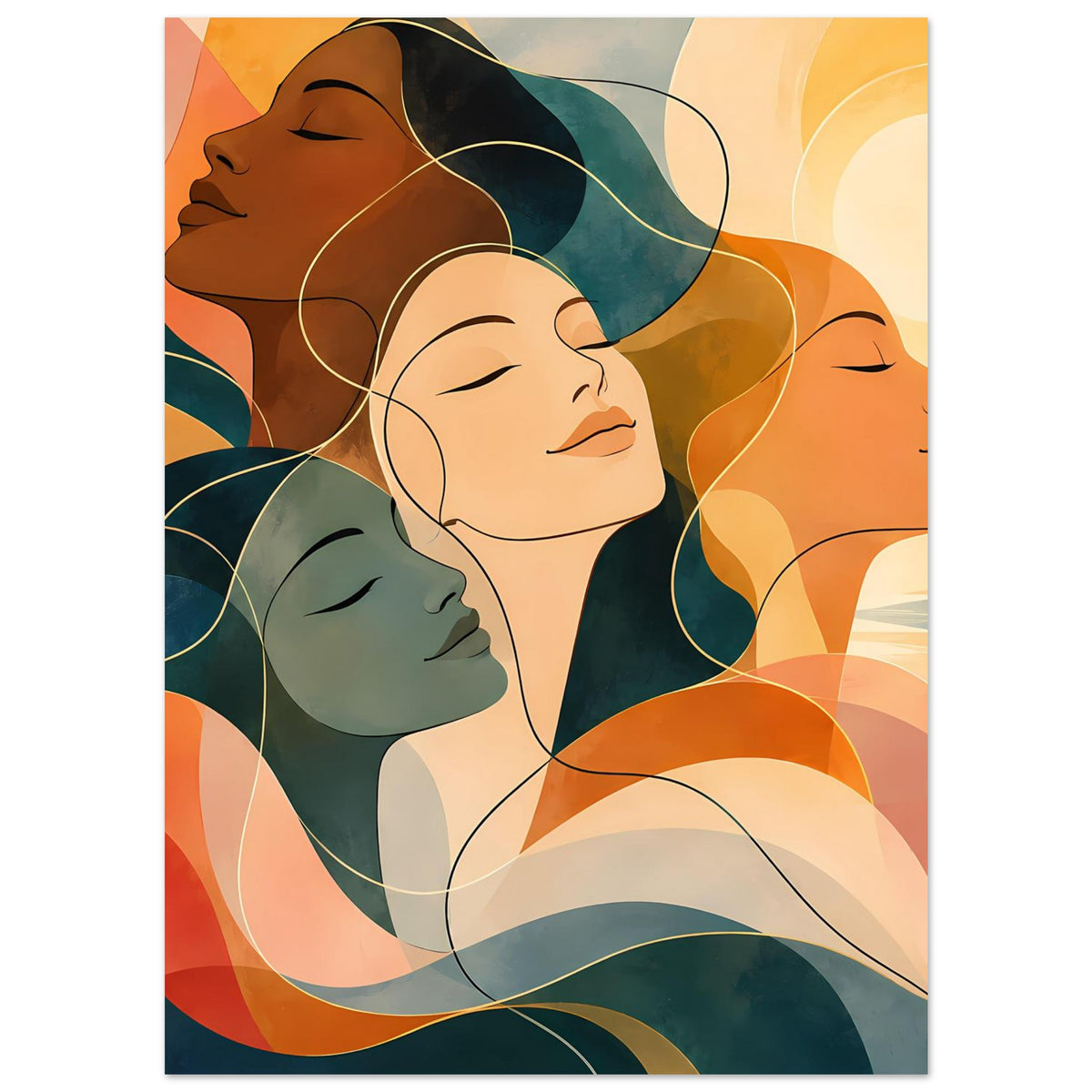 Kunstposter mit drei Frauenporträts in Grün-, Orange- und Ockertönen, geschlossene Augen