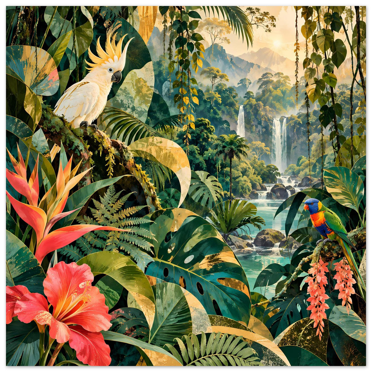 Dschungel-Poster mit Kakadu, buntem Papagei, Palmenblättern und roten Blüten