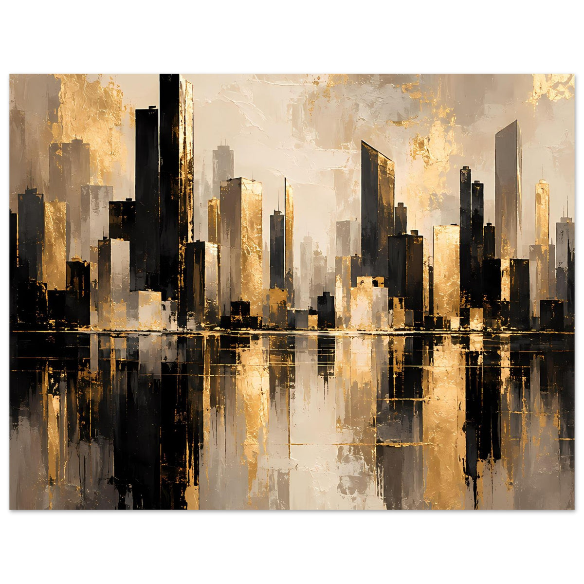 Horizontales Stadtlandschafts-Poster mit dunkler Skyline und goldenen Highlights, gespiegelt im Wasser