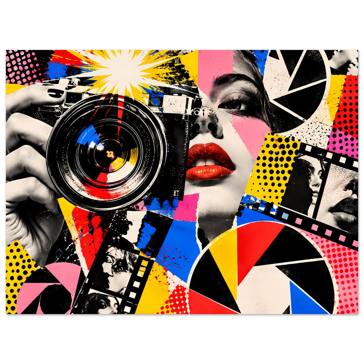 Pop-Art-Fotoposter, horizontales Motiv mit Kameraobjektiv, rotem Lippenstift und Comic-Formen